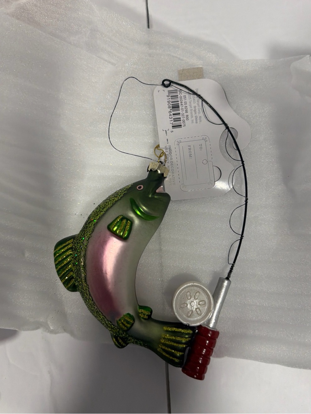 Workshop Republic Clothing Green and Pink Fish Ornament with Reel